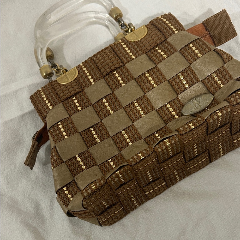 vintage Brown Woven Handbag with Gold Accents